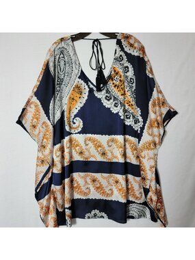 Aakaa Tunic Cover Up  Womens Sz S 3/4 Sleeve V-Neck Navy Gold Paisley